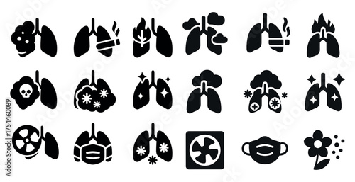 Lung health icons set – silhouette, solid, respiratory and medical care symbols