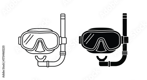 Black and white illustration of a diving mask and snorkel set for underwater exploration.