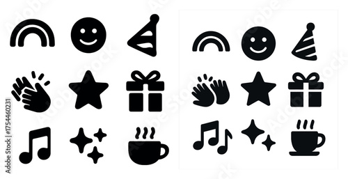 Party and celebration solid icons set – silhouette, filled, festive and fun symbols