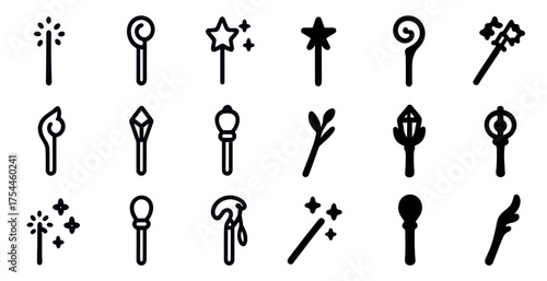 Magic wand outline icons set – linear, enchanted tools and mystical symbols