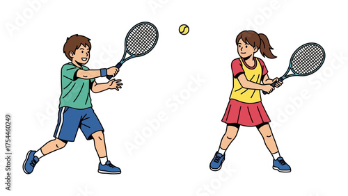 Tennis Match in Action: Two young individuals engaged in an energetic tennis match, rackets poised to strike the ball in a display of skill, athleticism and fun.