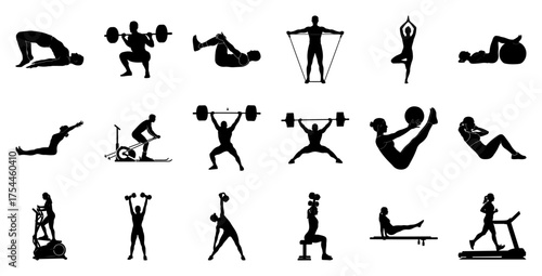 Fitness exercises silhouettes workout people