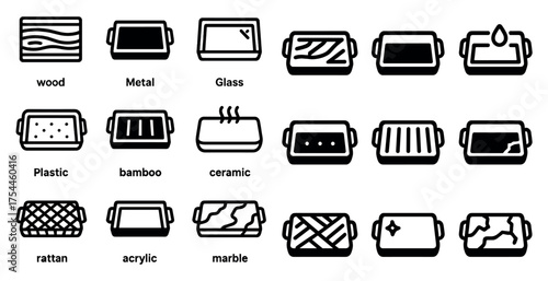 Cooking materials line icons set – flat, outline, kitchenware and utensil symbols