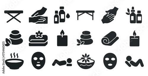 Wellness and spa solid icons set – filled, relaxation, massage symbols