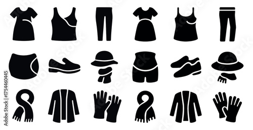 Clothing and apparel silhouette icons set – fashion, wardrobe, outfit symbols