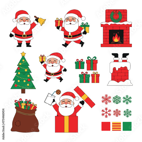  A comprehensive set of cheerful cartoon Christmas elements centered around Santa Claus. Includes Santa ringing a bell, carrying gifts, a Christmas tree, a decorated fireplace, a chimney, various