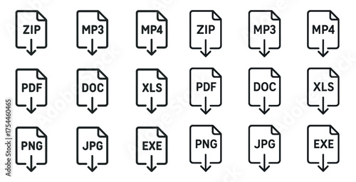 File format outline icons set – document, download, data symbols