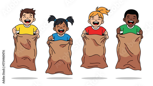 Sack Race Fun: Children of diverse background participate in a joyful sack race competition, showing happiness and teamwork, and embodying the essence of playful childhood.