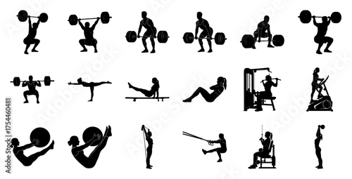 Fitness exercises silhouettes workout weightlifting
