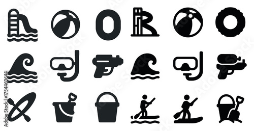 Beach and summer silhouette icons set – seaside, flat, vacation symbols