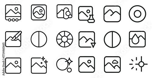 Photography line icons set for image editing, outline, camera, picture tools