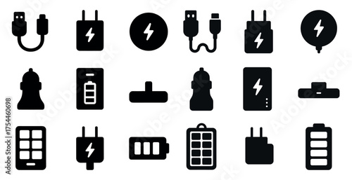 Charging and power silhouette icons set – filled, battery, electric symbols