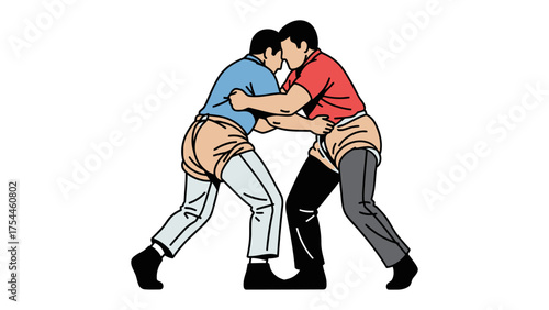 Wrestling Match: Two wrestlers locked in a dynamic grapple, bodies intertwined in a fierce battle of strength and skill. Focus on sportsmanship and competition.