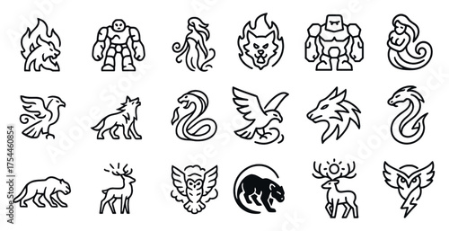 Mythical creature outline icons set – fantasy, flat, legendary beast symbols
