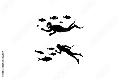 scuba diving underwater with fish silhouette