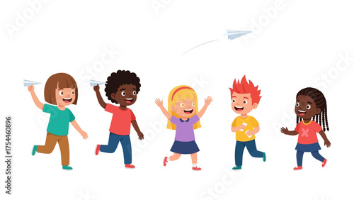 Childhood Adventure: A group of diverse children joyfully launch paper airplanes into the open sky, experiencing the wonder and excitement of carefree play and imagination.