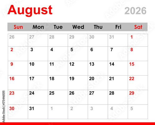 Monthly calendar layout for August 2026. August 2026 calendar. August calendar for 2026 isolated on transparent background. 