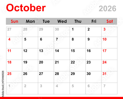 October 2026 calendar. Monthly calendar layout for October 2026. October calendar for 2026 isolated on transparent background. 