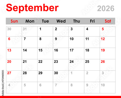 September 2026 calendar. Monthly calendar layout for September 2026. September calendar for 2026 isolated on transparent background. 