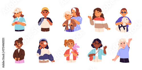 Portraits of greeting kids with disabilities set. Diverse happy children with prosthesis, hearing aid are waving. Child girls, boys Hello with hand gesture. Flat isolated vector illustrations on white