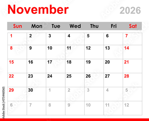 Monthly calendar layout for November 2026. November 2026 calendar.  November calendar for 2026 isolated on transparent background. 