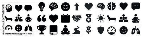 Mental health support icons set – solid, filled, wellness and stress relief symbols