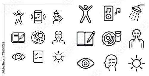 Self-care and wellness line icons set – flat, outline, mindfulness and relaxation symbols