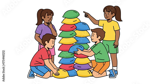 Pillow Tower: Children carefully stacking colorful pillows, building a tall tower of joy. A playful scene of teamwork, and balance.