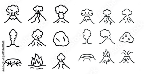 Volcano and eruption outline icons set – linear, seismic, geological symbols
