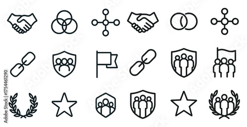 Business and teamwork outline icons set – linear, collaboration, partnership accents
