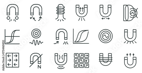 Magnetism outline icons set – linear, physics, science and magnetic field symbols