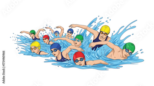 Dynamic Swimmers in Aquatic Competition: Capture the thrill and energy of a swimming competition, as athletes power through water, a vibrant display of speed, determination, and athleticism.