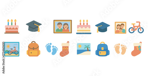 Happy family events flat icons set – celebration, milestones, life moments symbols