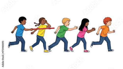 Relay Race: A team of diverse children participate in a relay race, passing a baton with focused determination and youthful energy, symbolizing teamwork, athleticism, and the thrill of competition.