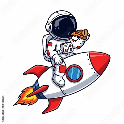Astronaut Riding Rocket Eating Pizza Space Adventure Fun Vector Illustration