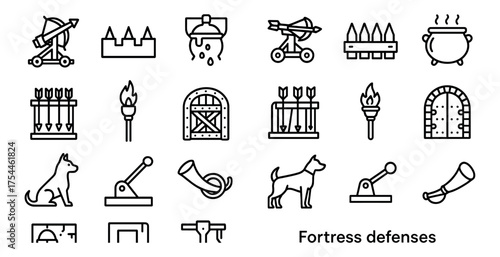 Fortress defenses outline icons set – linear, security, protection symbols
