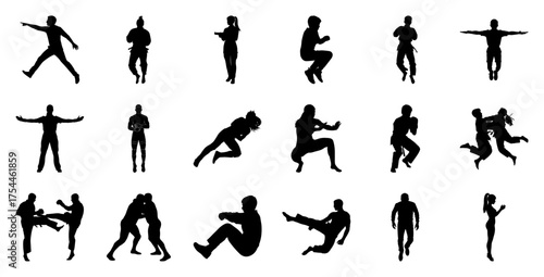 Martial arts figures in action poses silhouette karate