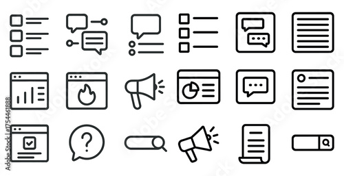 Communication and messaging icons set – outline, linear, chat and text symbols