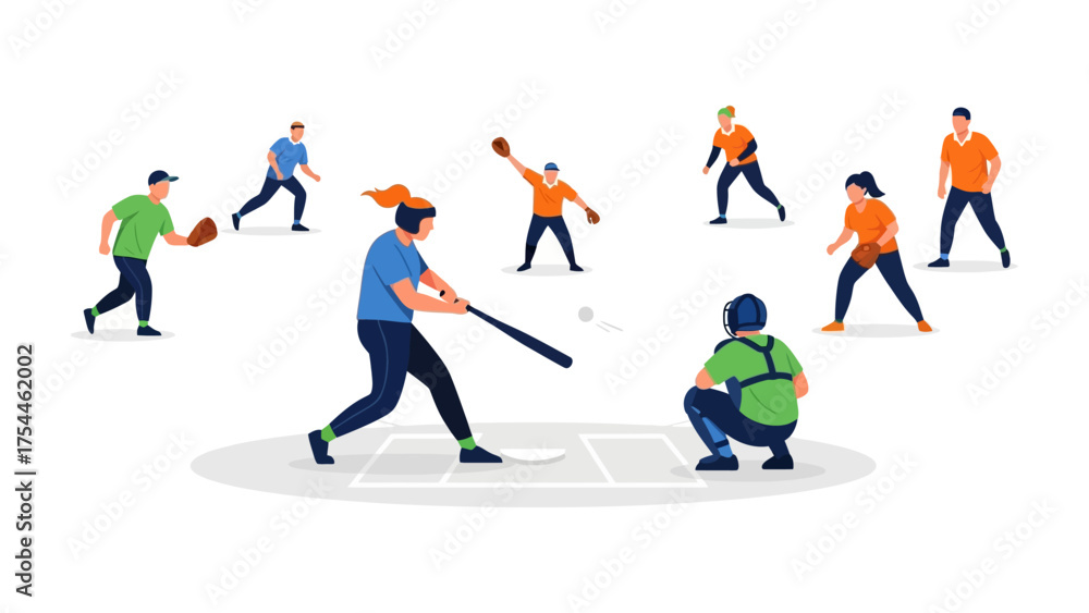 Obraz premium Baseball game Illustration: A baseball game is captured in a dynamic illustration style, with a batter in action. A captivating illustration of baseball, focusing on a sport activity
