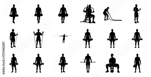 Men exercising with weights and equipment silhouette