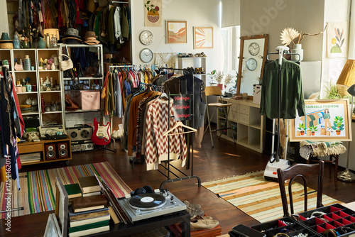 Vintage thrift shop interior featuring racks of assorted clothing, accessories, musical instruments, vinyl records, and sustainable fashion signage arranged in eclectic retail space