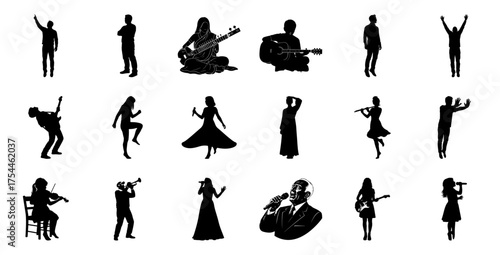 Musicians and performers in silhouette singers guitarists