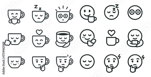 Coffee and emotions icons set – outline, linear, cafe and mood symbols