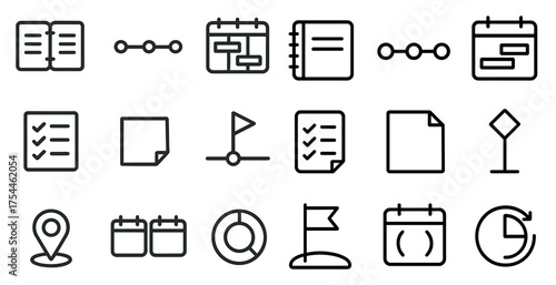 Project management outline icons set – linear, task, planning symbols