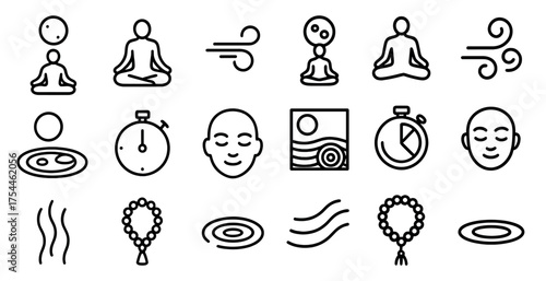 Meditation outline icons set – mindfulness, yoga, relaxation symbols