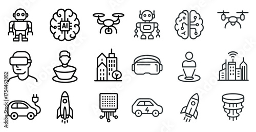 Technology and innovation outline icons set – linear, line, ai and future tech symbols