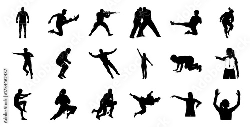 Silhouettes of athletes and figures in action sports
