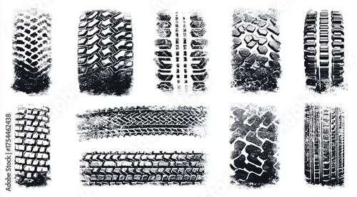 Collection of diverse black tire tracks footprints and marks isolated on a white background in vector format