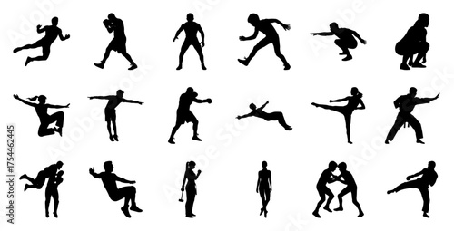 Silhouettes of athletes in action sports martial arts
