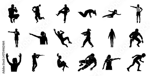 Silhouettes of athletes and figures in action sport